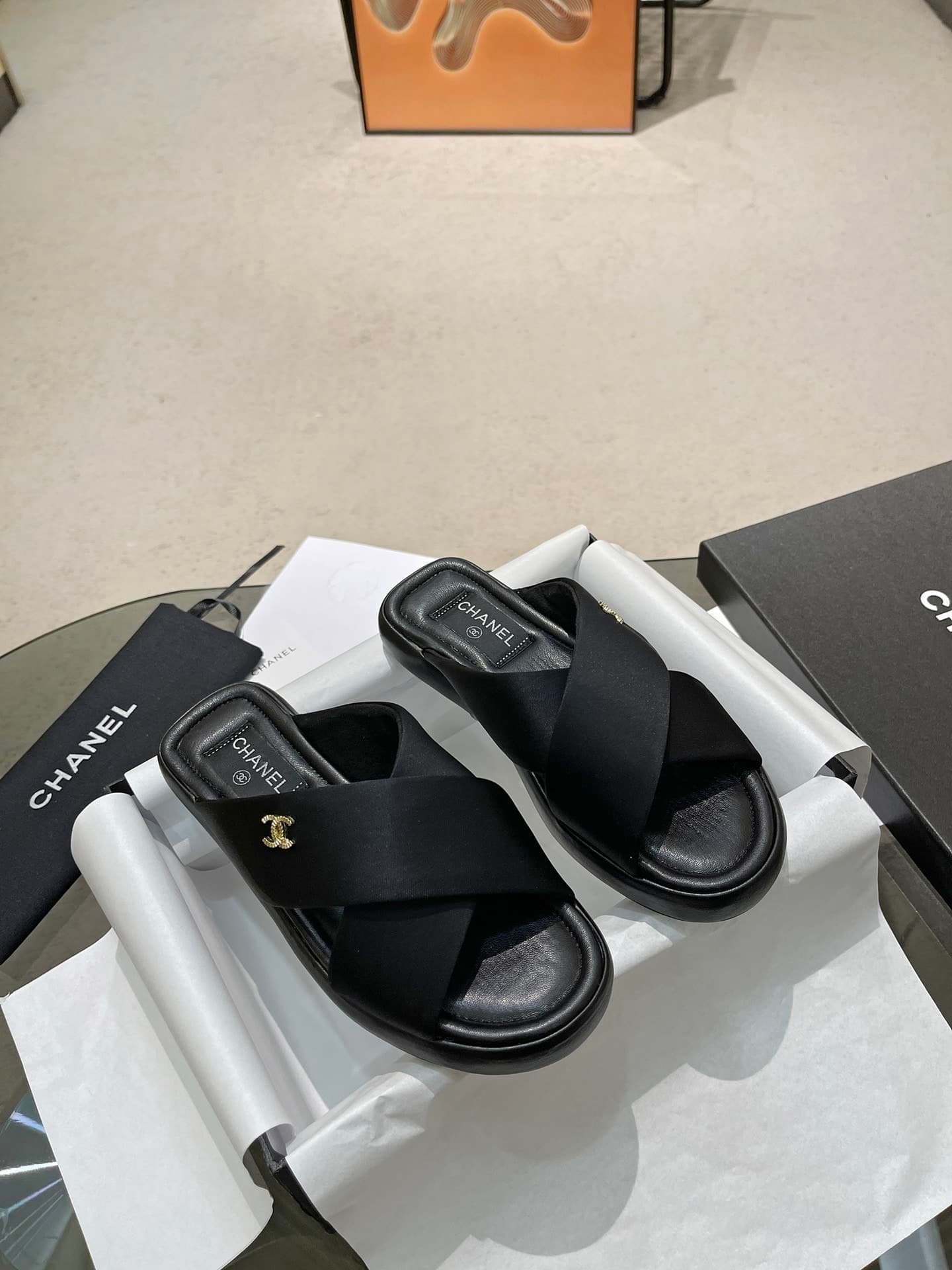 Ch**el Cc Logo Criss Cross Slides Black