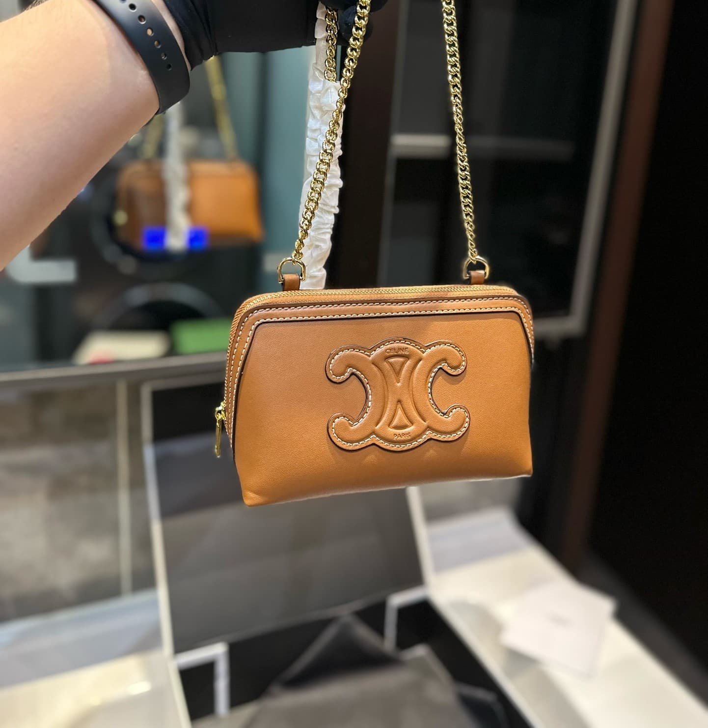 Ce1i*e Clutch On Chain Cuir Triomphe In Textile And Calfskin Brown 17Cm 10E383Dr8 04Lu