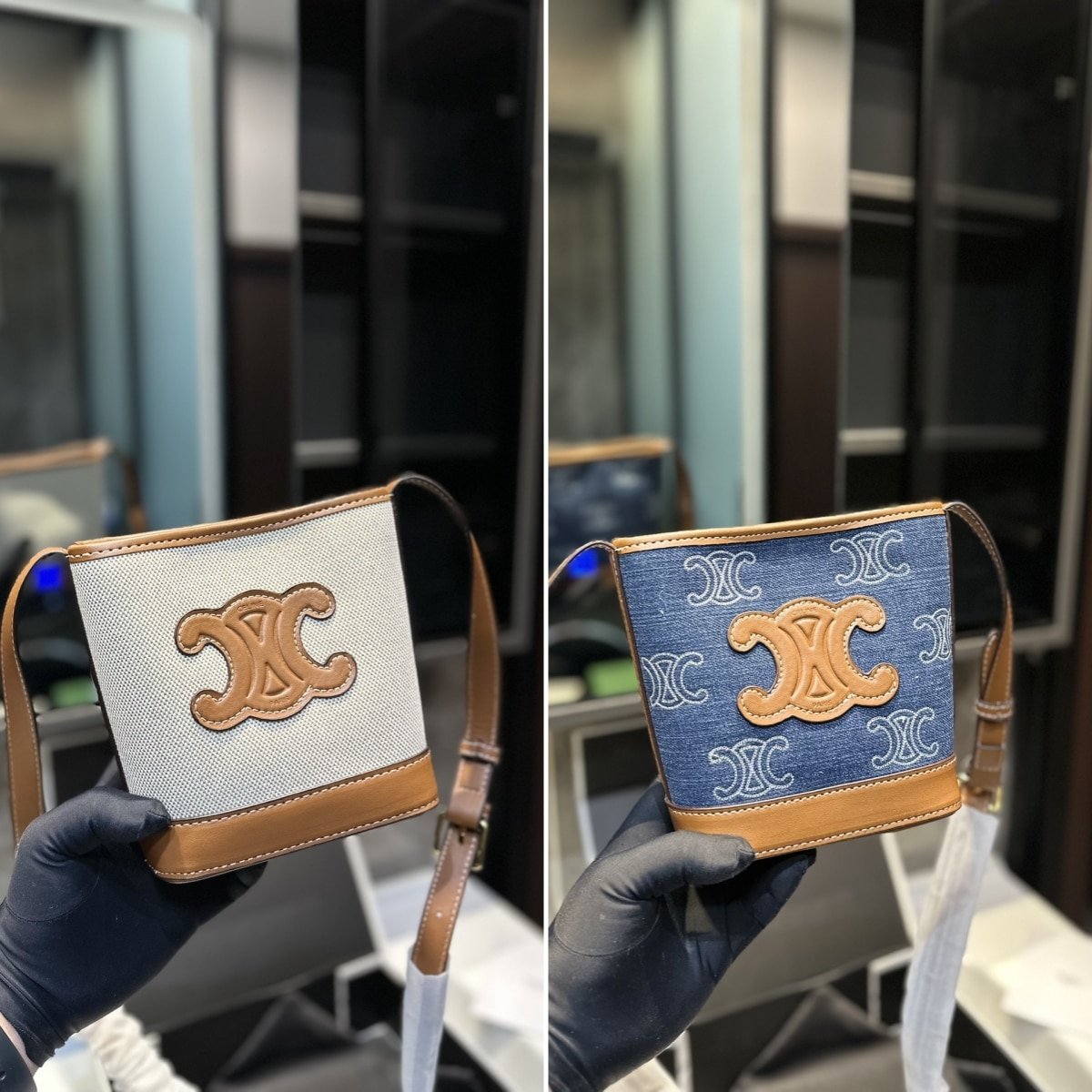 Ce1i*e Mini Bucket Cuir Triomphe In Denim With Triomphe All Over Embroidery And Calfskin Navy Tan 16Cm 10L432Fdx 07At