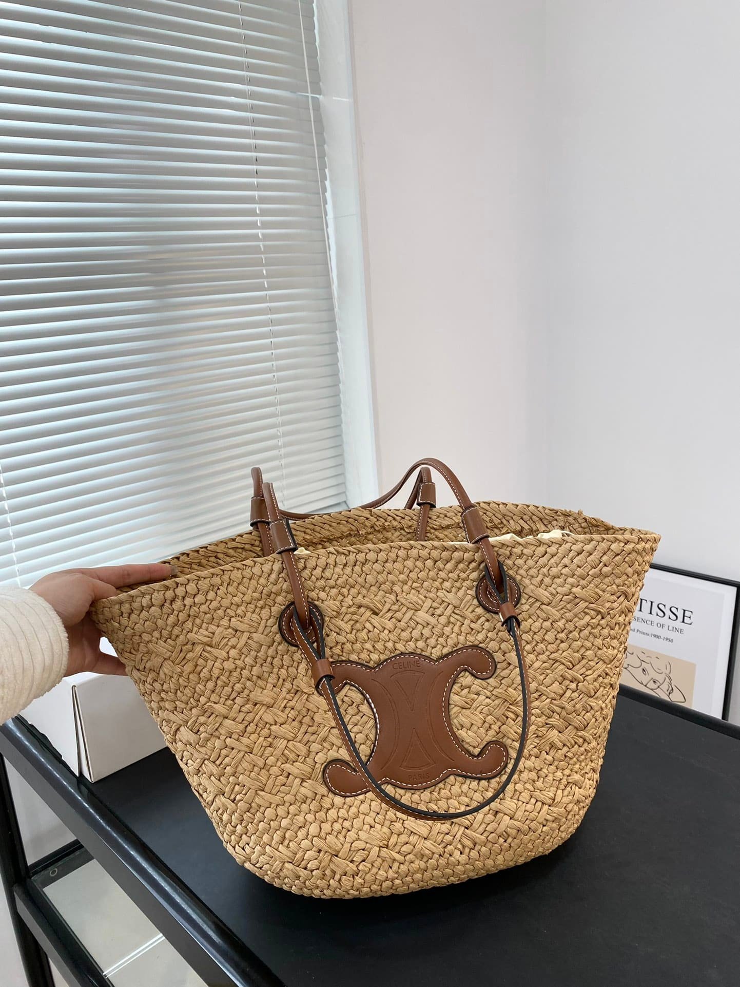 Ce1i*e Triomphe Panier In Raffia And Calfskin Tan 31Cm