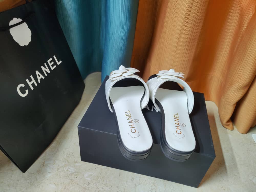 Ch**el Camellia Leather Slides White
