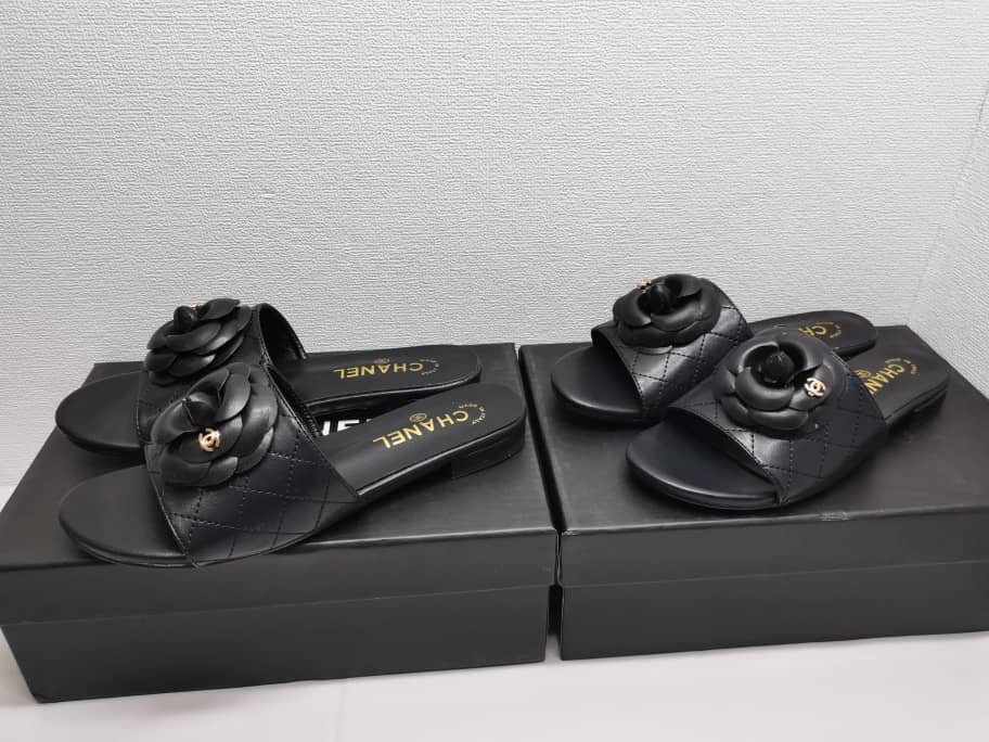 Ch**el Camellia Leather Slides Black
