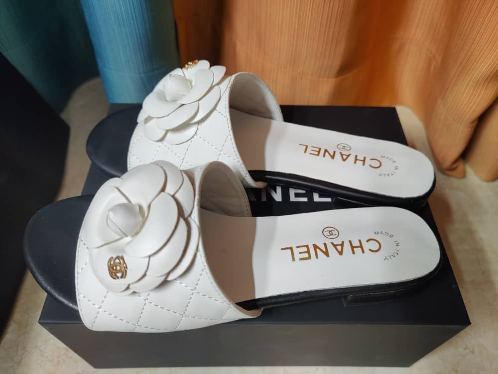 Ch**el Camellia Leather Slides White