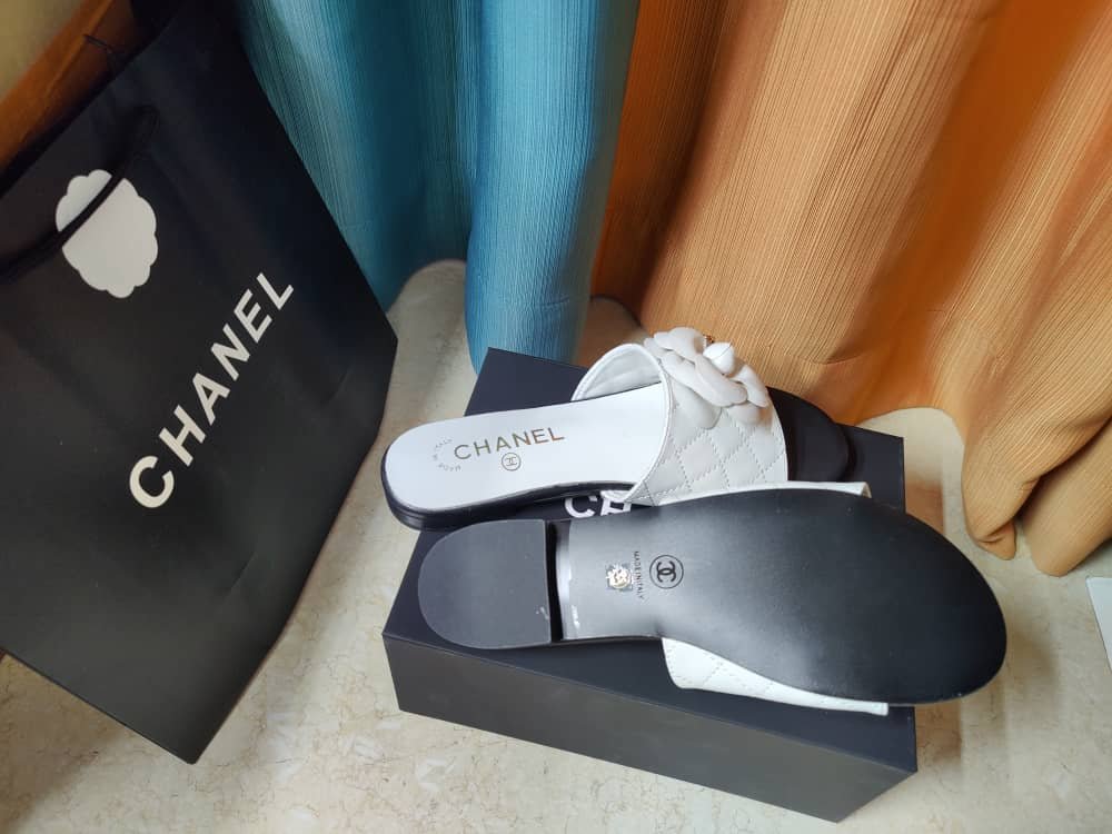 Ch**el Camellia Leather Slides White