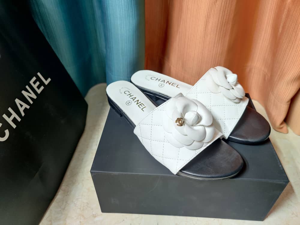 Ch**el Camellia Leather Slides White
