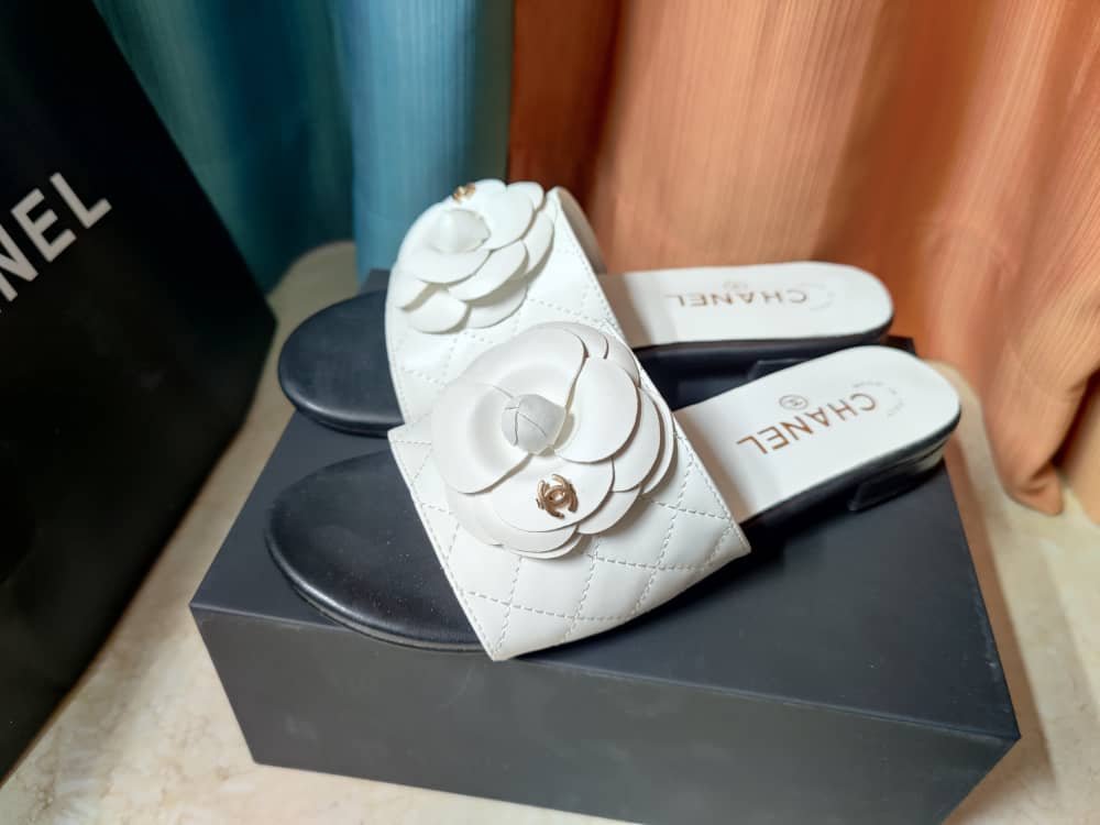 Ch**el Camellia Leather Slides White