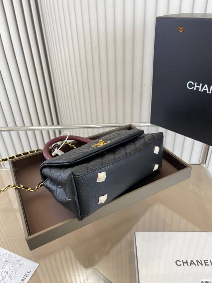 Ch**el Medium Coco Handle Bag Gold Hardware Black 23Cm