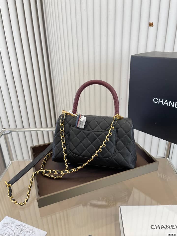 Ch**el Medium Coco Handle Bag Gold Hardware Black 23Cm