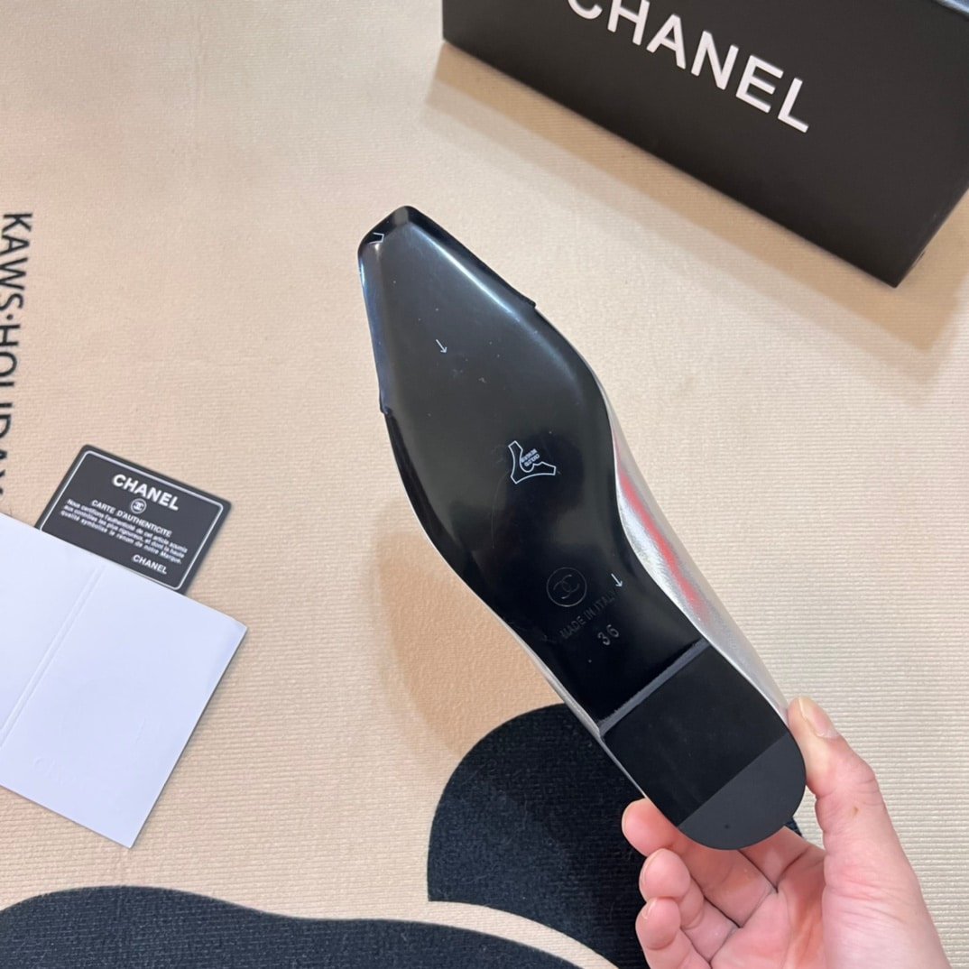 Ch**el Square Toe Ballet Flats Black Silver