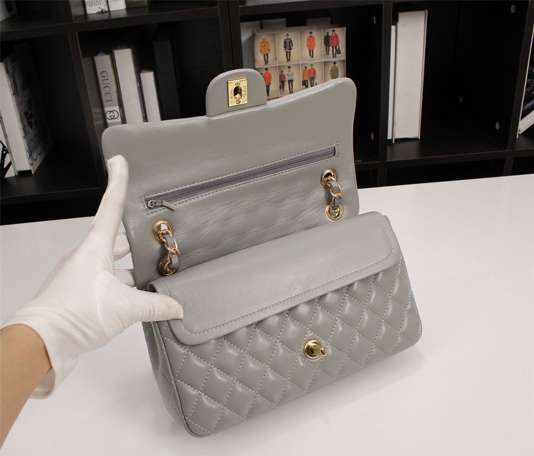 Ch**el Classic Flap Gray Gold Hardware 25Cm
