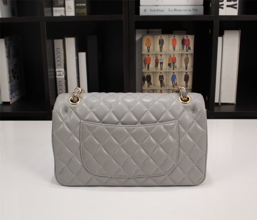 Ch**el Classic Flap Gray Gold Hardware 25Cm