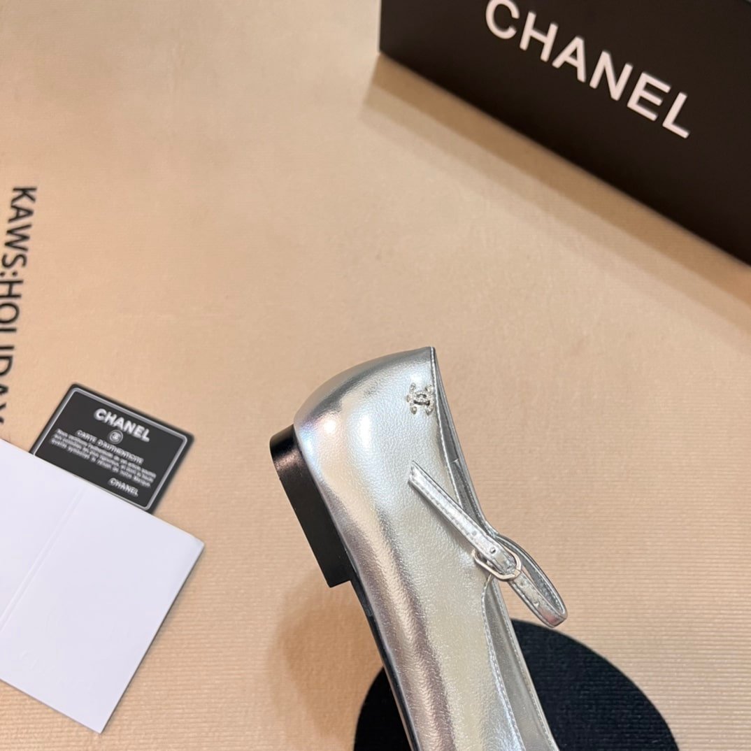 Ch**el Square Toe Ballet Flats Black Silver