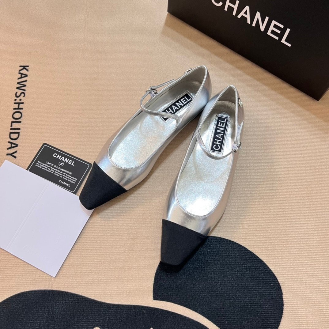 Ch**el Square Toe Ballet Flats Black Silver