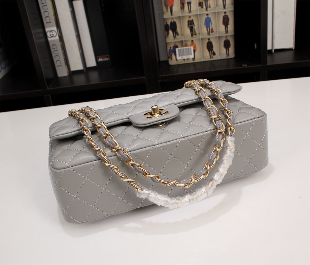 Ch**el Classic Flap Gray Gold Hardware 25Cm