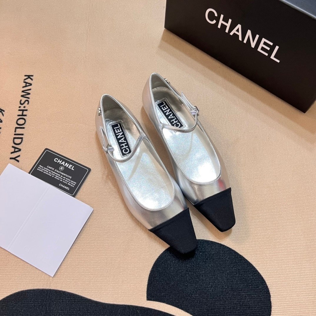 Ch**el Square Toe Ballet Flats Black Silver
