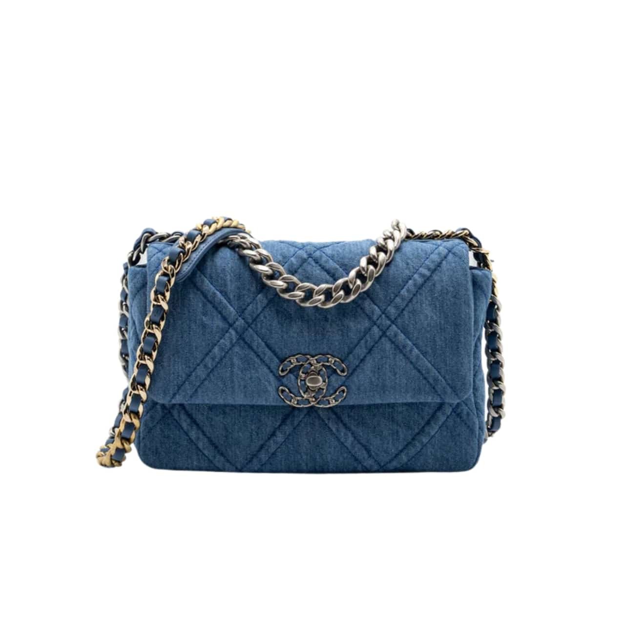 Ch**el Deep Blue Denim Quilted Medium 19 Flap 26Cm