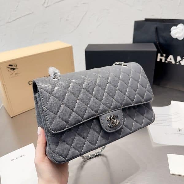 Ch**el Medium Classic Flap Bag Silver Hardware Grey 25Cm