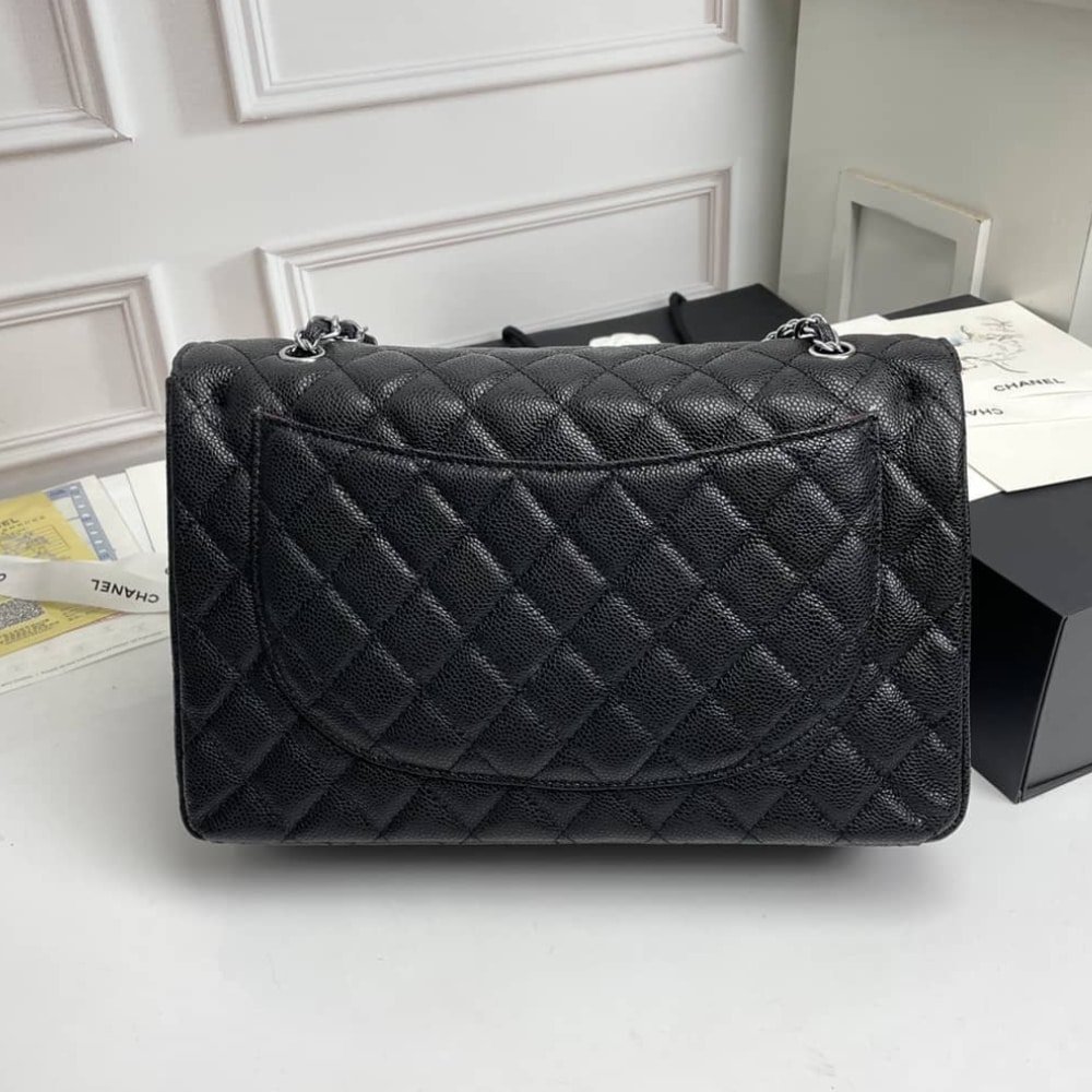 Ch**el Maxi Classic Handbag Sliver Hardware Black 33Cm