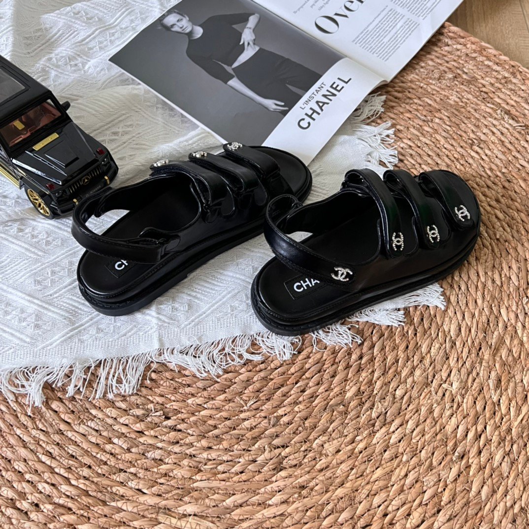 Ch**el Triple Velcro Strap Sandals Black G45628 B16403 94305