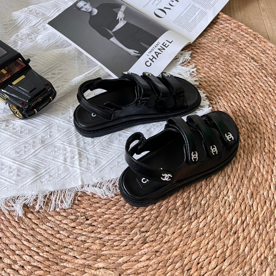 Ch**el Triple Velcro Strap Sandals Black G45628 B16403 94305