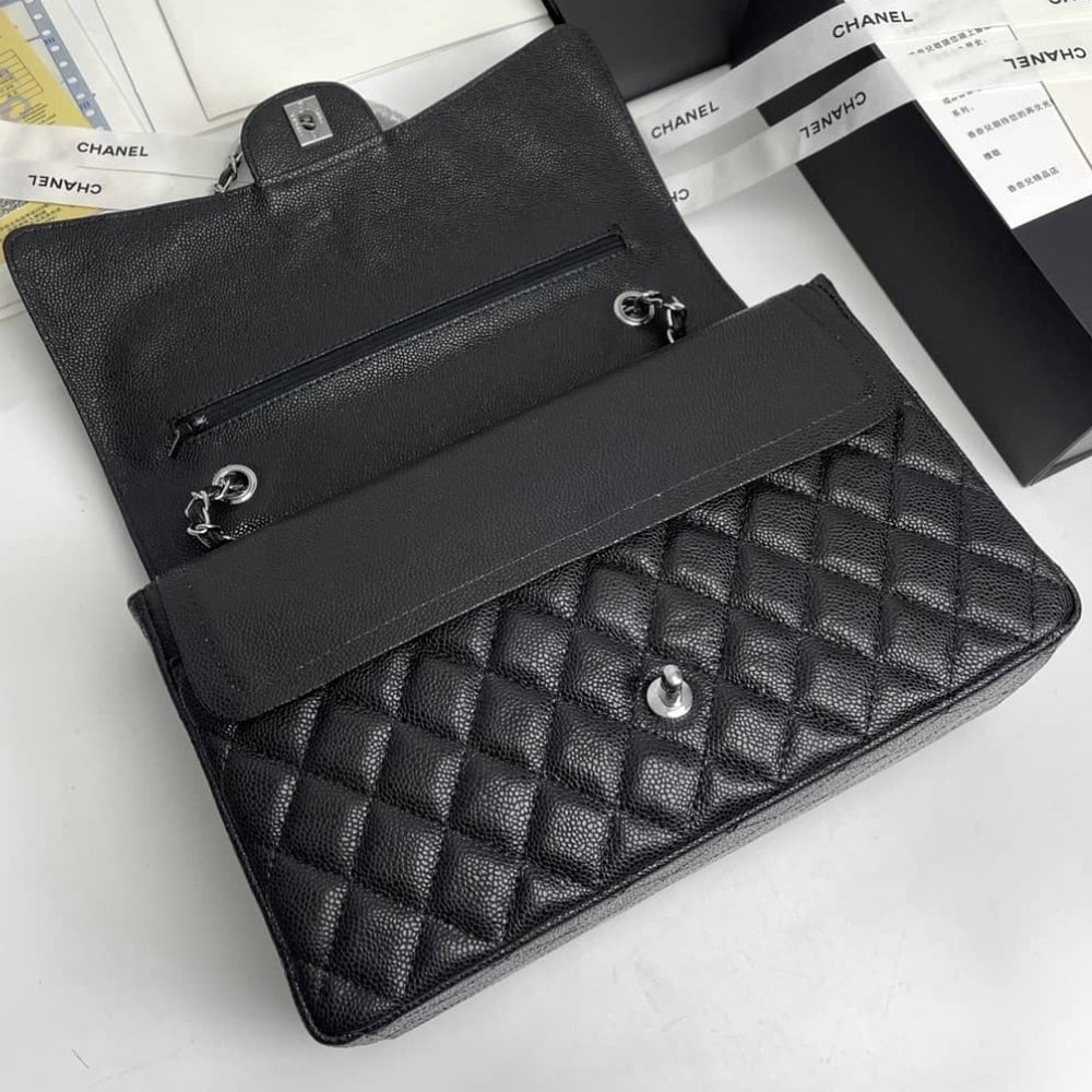 Ch**el Maxi Classic Handbag Sliver Hardware Black 33Cm