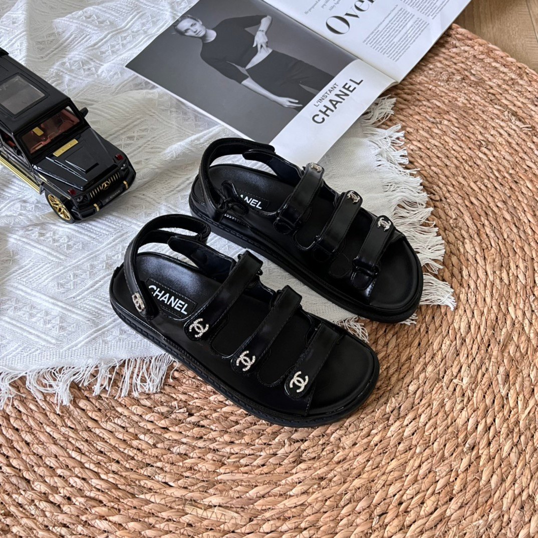 Ch**el Triple Velcro Strap Sandals Black G45628 B16403 94305