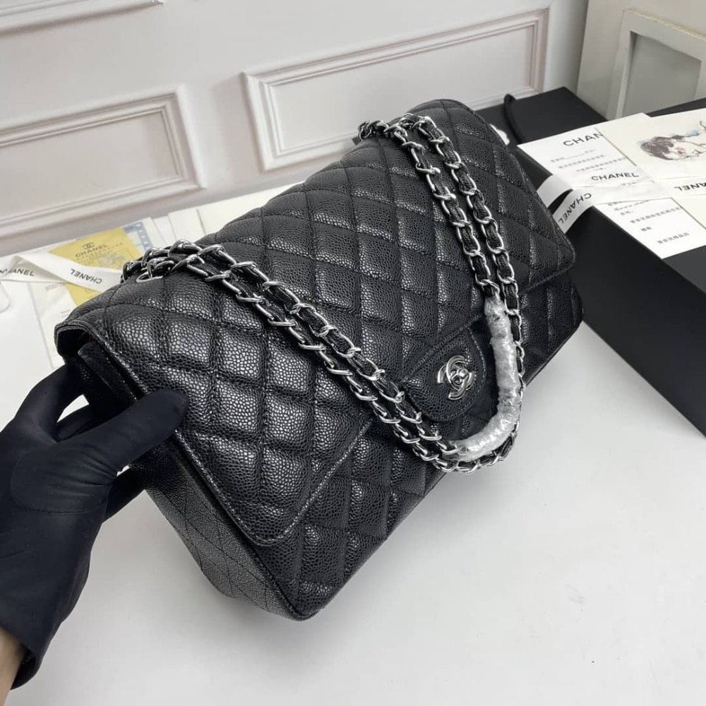 Ch**el Maxi Classic Handbag Sliver Hardware Black 33Cm