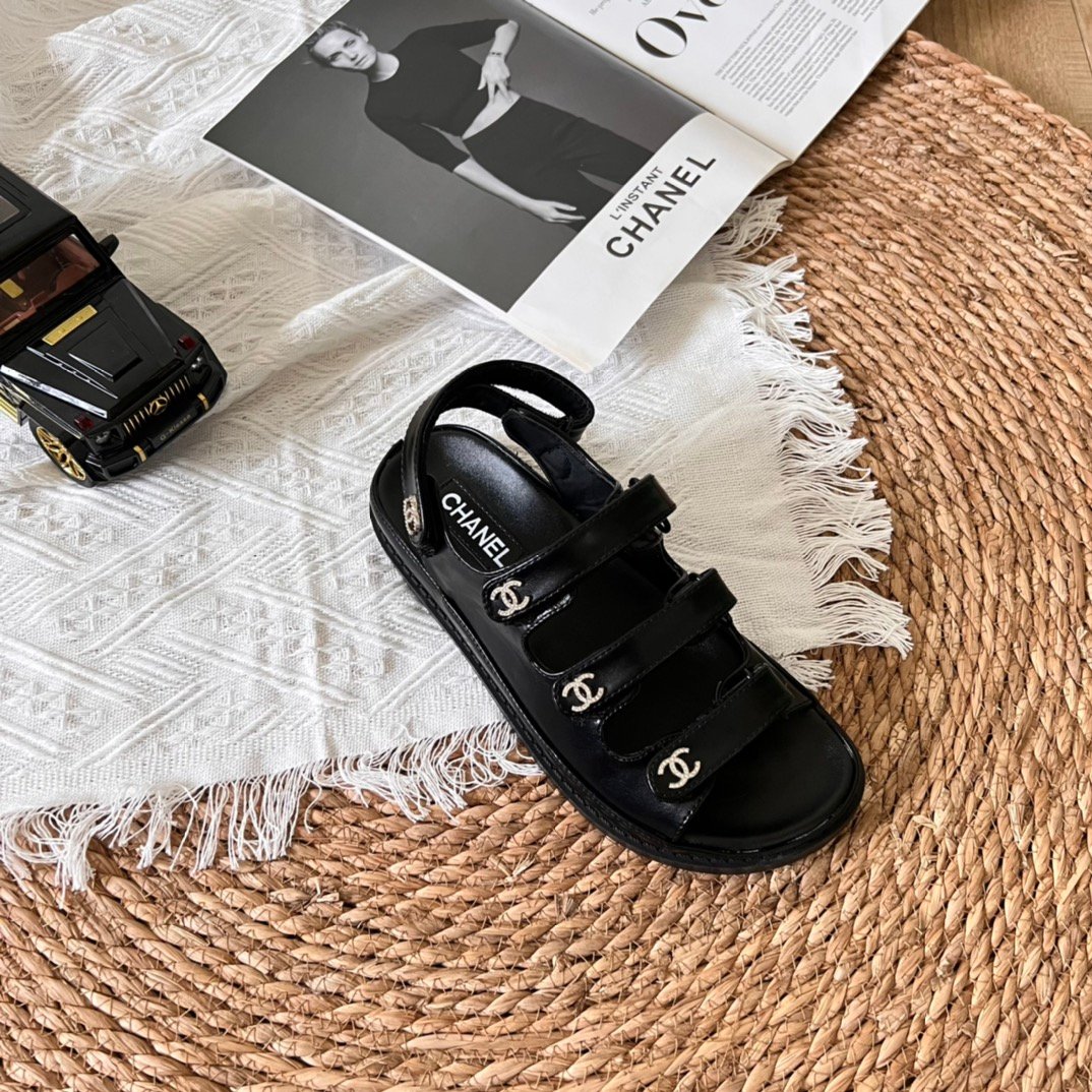 Ch**el Triple Velcro Strap Sandals Black G45628 B16403 94305