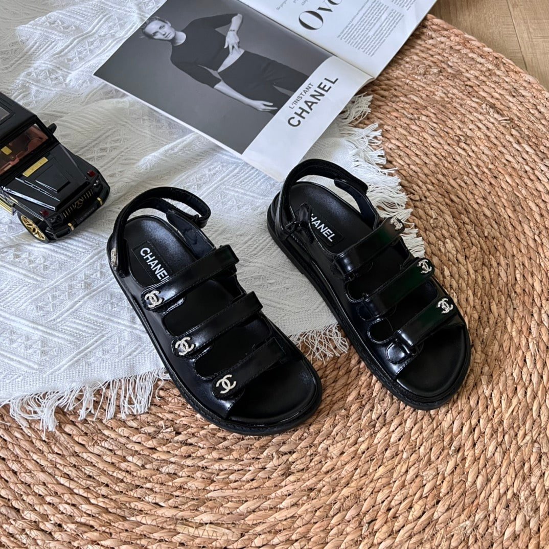 Ch**el Triple Velcro Strap Sandals Black G45628 B16403 94305