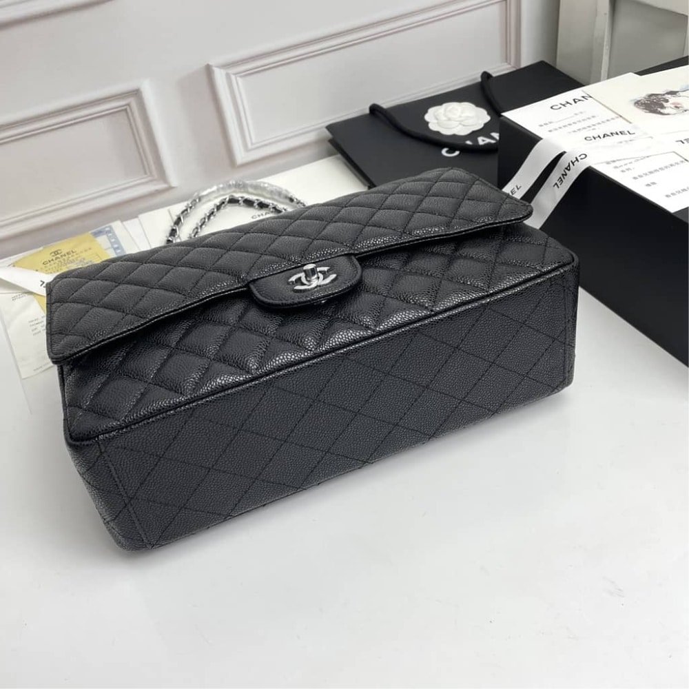Ch**el Maxi Classic Handbag Sliver Hardware Black 33Cm