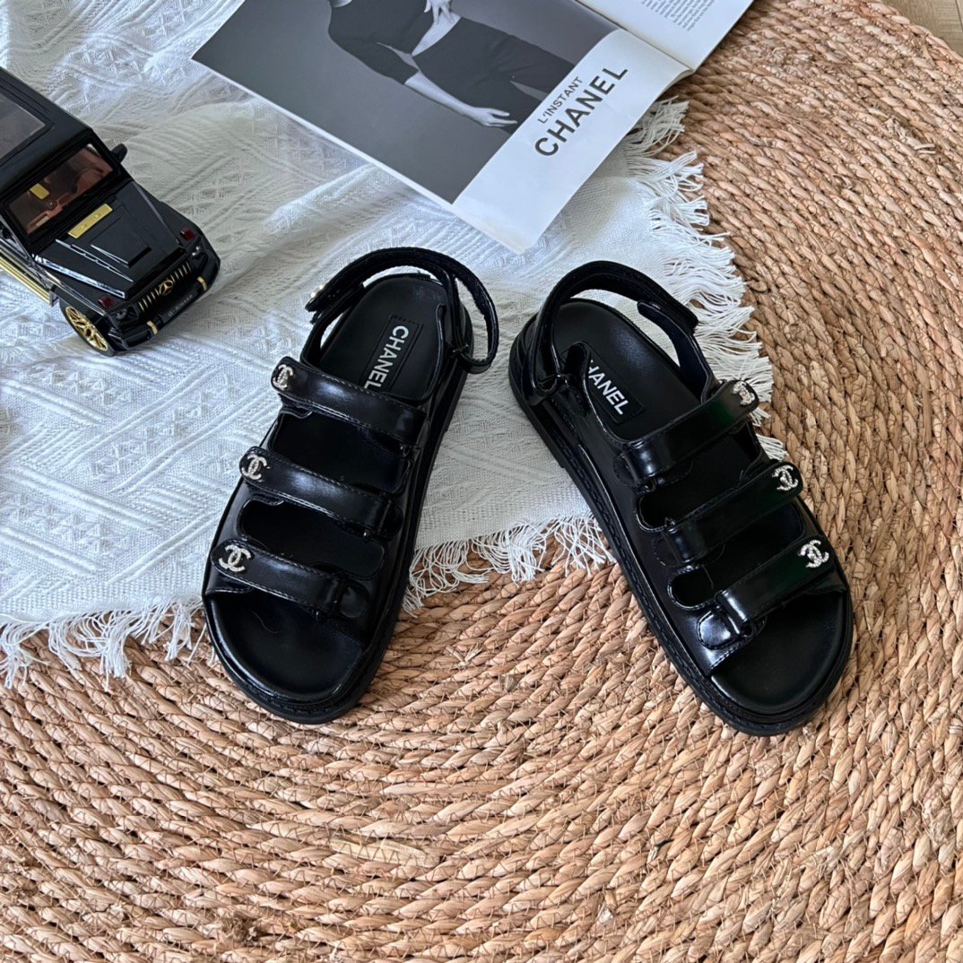 Ch**el Triple Velcro Strap Sandals Black G45628 B16403 94305