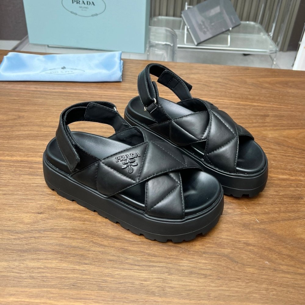 Pra*a Nappa Leather Crisscross Flatform Sandals Black 1Xz777 038 F0002 F 045