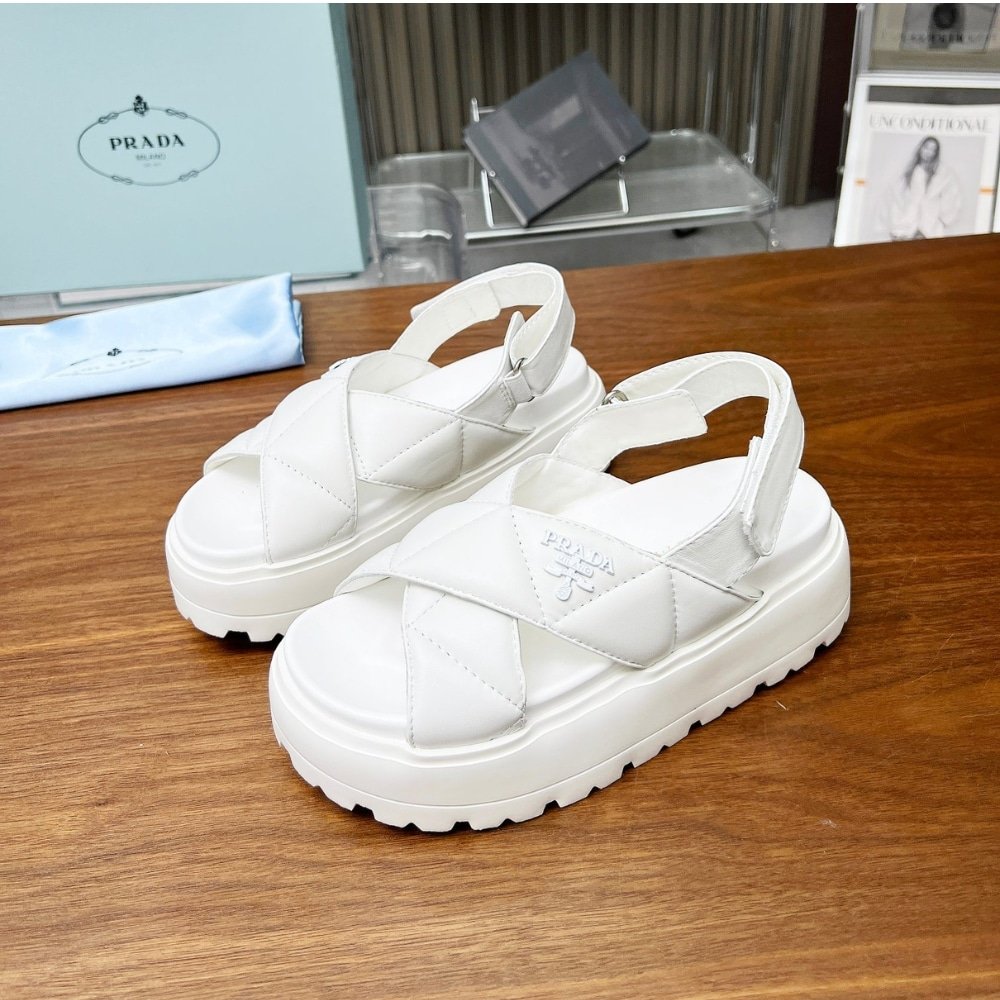 Pra*a Nappa Leather Crisscross Flatform Sandals Ivory 1Xz777 038 F0304 F 045