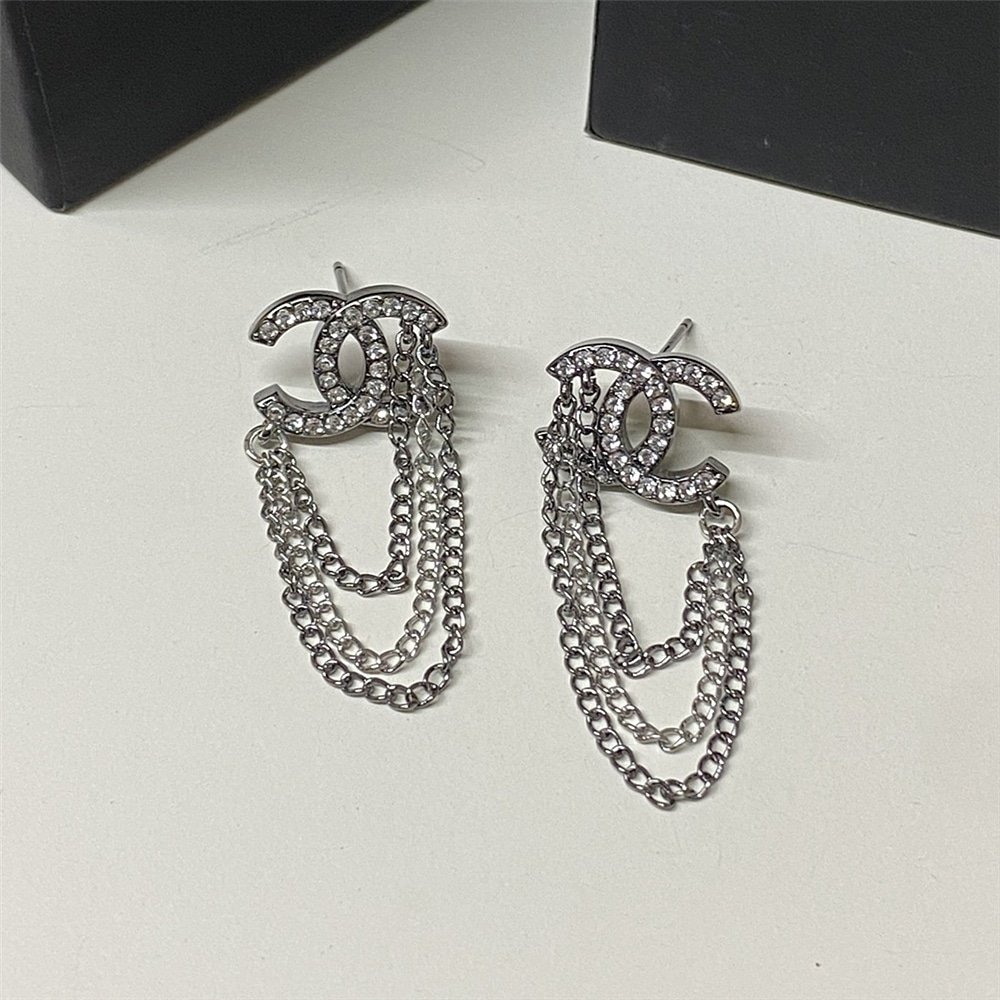 Ch**el Stud Earrings With Crystal And Multi Chain In Silver Tone
