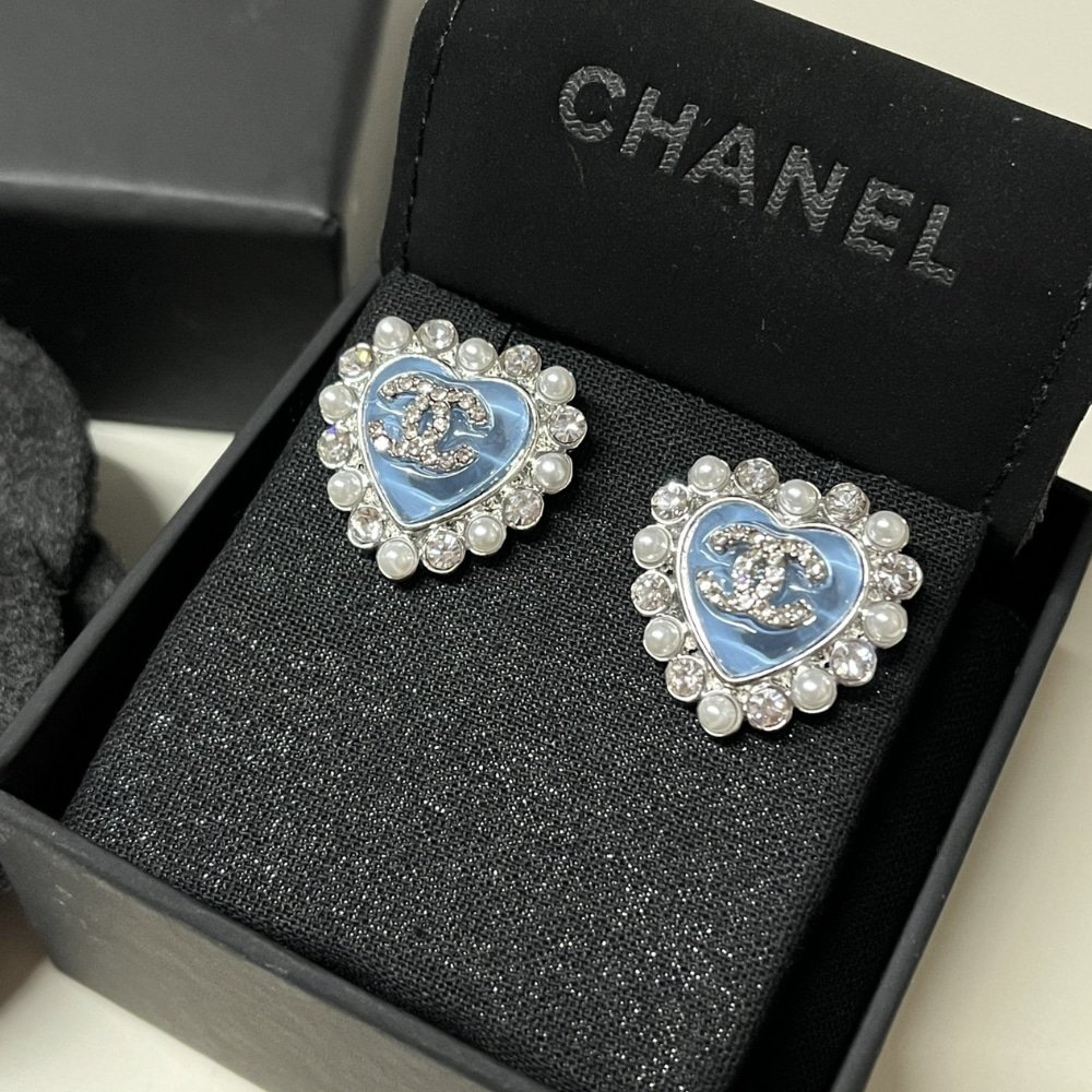 Ch**el Heart Motif And Crystal Earrings In Blue