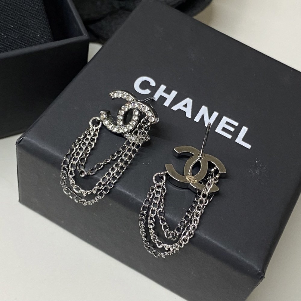 Ch**el Stud Earrings With Crystal And Multi Chain In Silver Tone