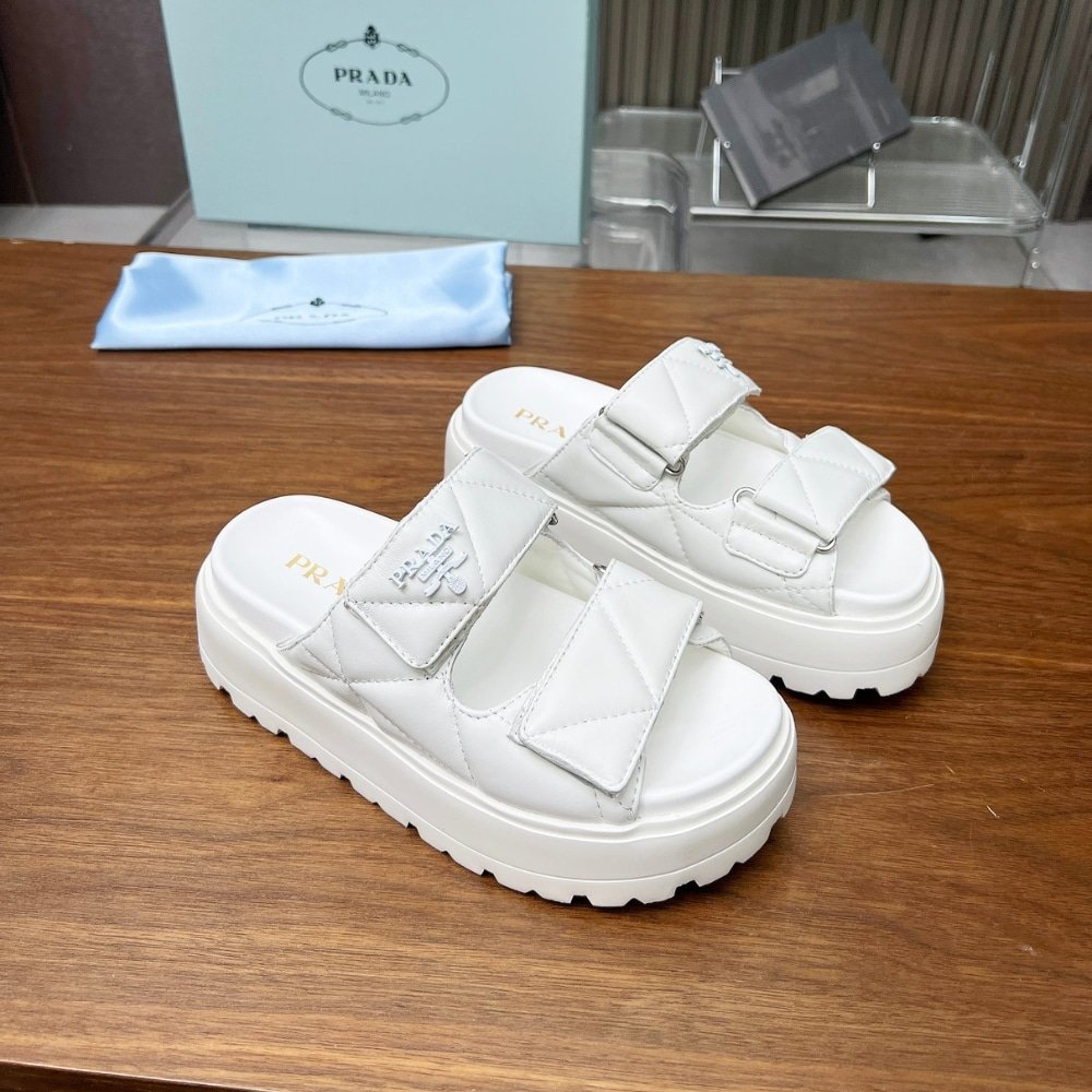 Pra*a Quilted Leather Platform Sandals White