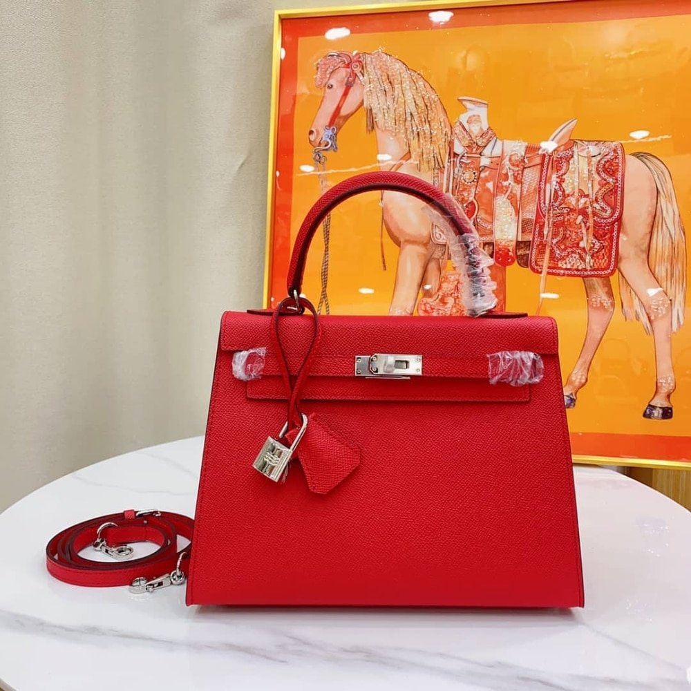H**me5 Kelly Sellier 25 Casaque Epsom Rouge With Silver Hardware In 25Cm