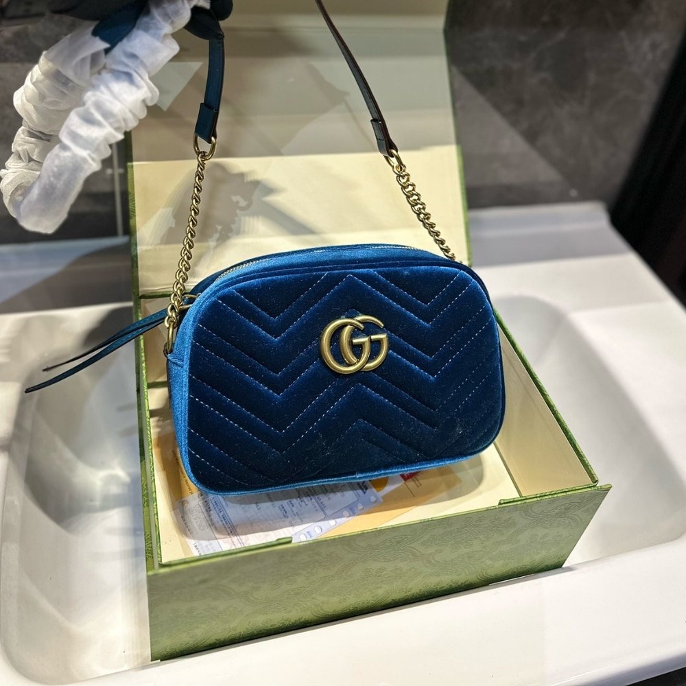 Gvc*1 Small Gg Marmont Camera Bag Velvet Dark Blue 23Cm