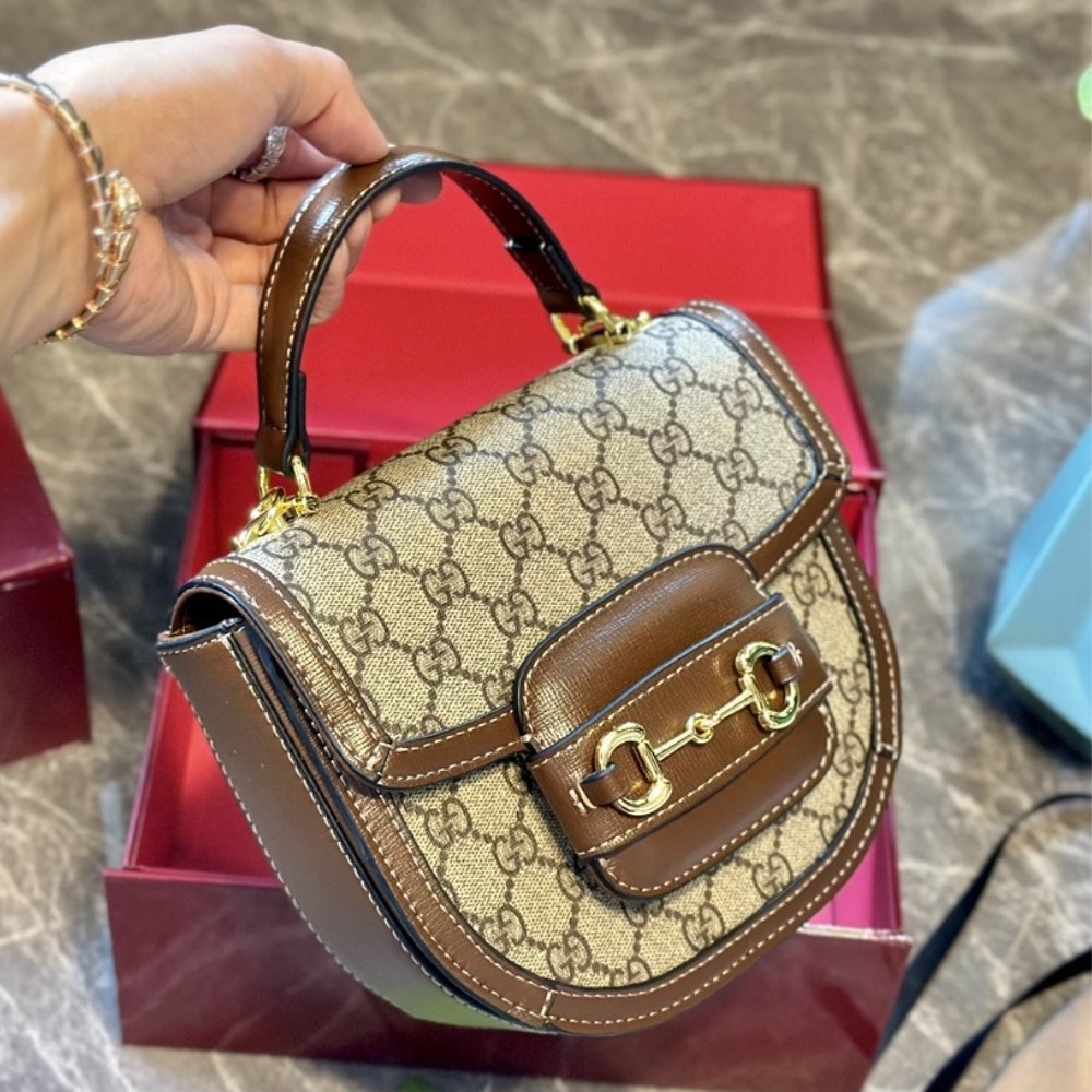 Gvc*1 Horsebit 1955 Mini Top Handle Bag Beige And Ebony ‎14Cm 781387 92Tcg 8563