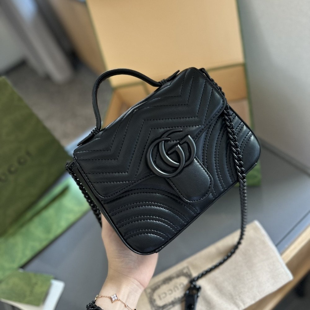 Gvc*1 Gg Marmont Mini Top Handle Bag Black And Black 22Cm 702563 Dtdfv 1000