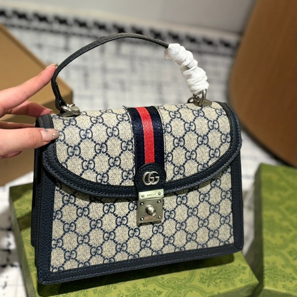 Gvc*1 Ophidia Small Top Handle Bag Beige And Dark Blue 25Cm 651055 96Iwn 4076