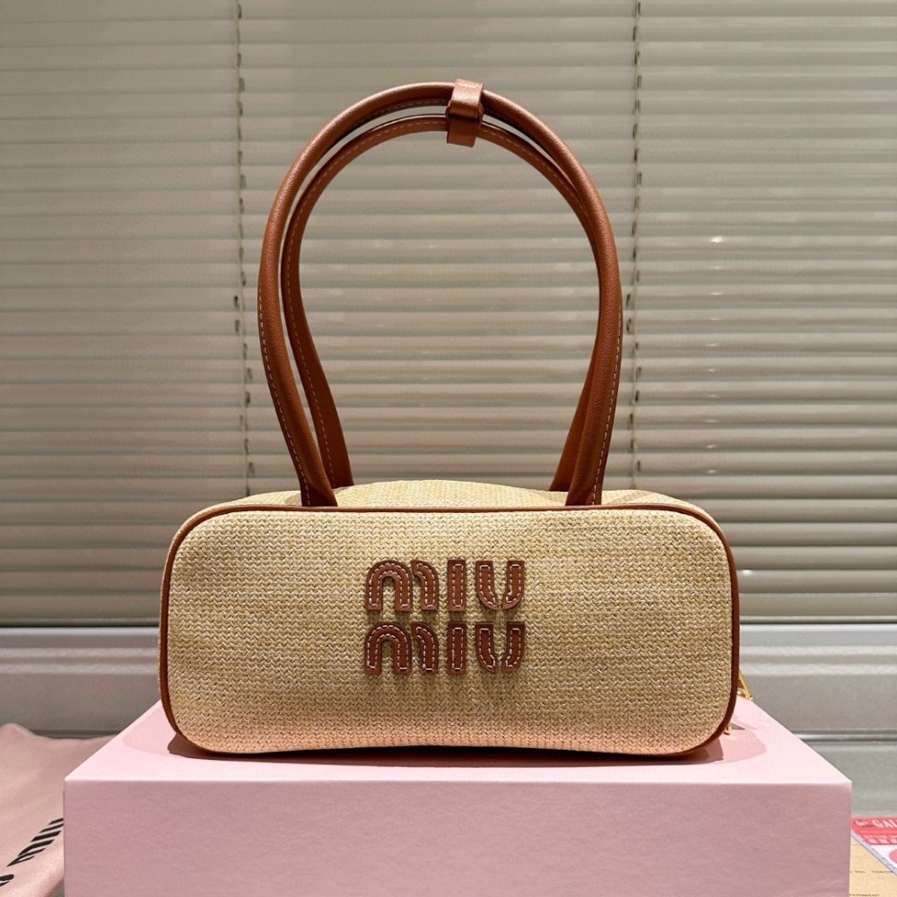 M1um1u Women’s Canvas And Leather Bag Natural Beau 27Cm