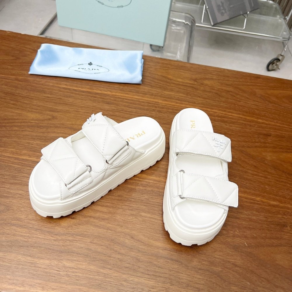 Pra*a Quilted Leather Platform Sandals White