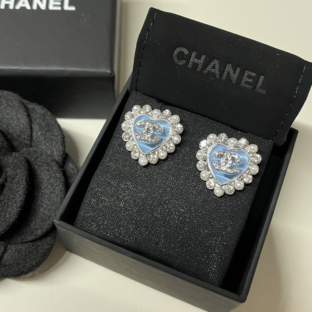 Ch**el Heart Motif And Crystal Earrings In Blue