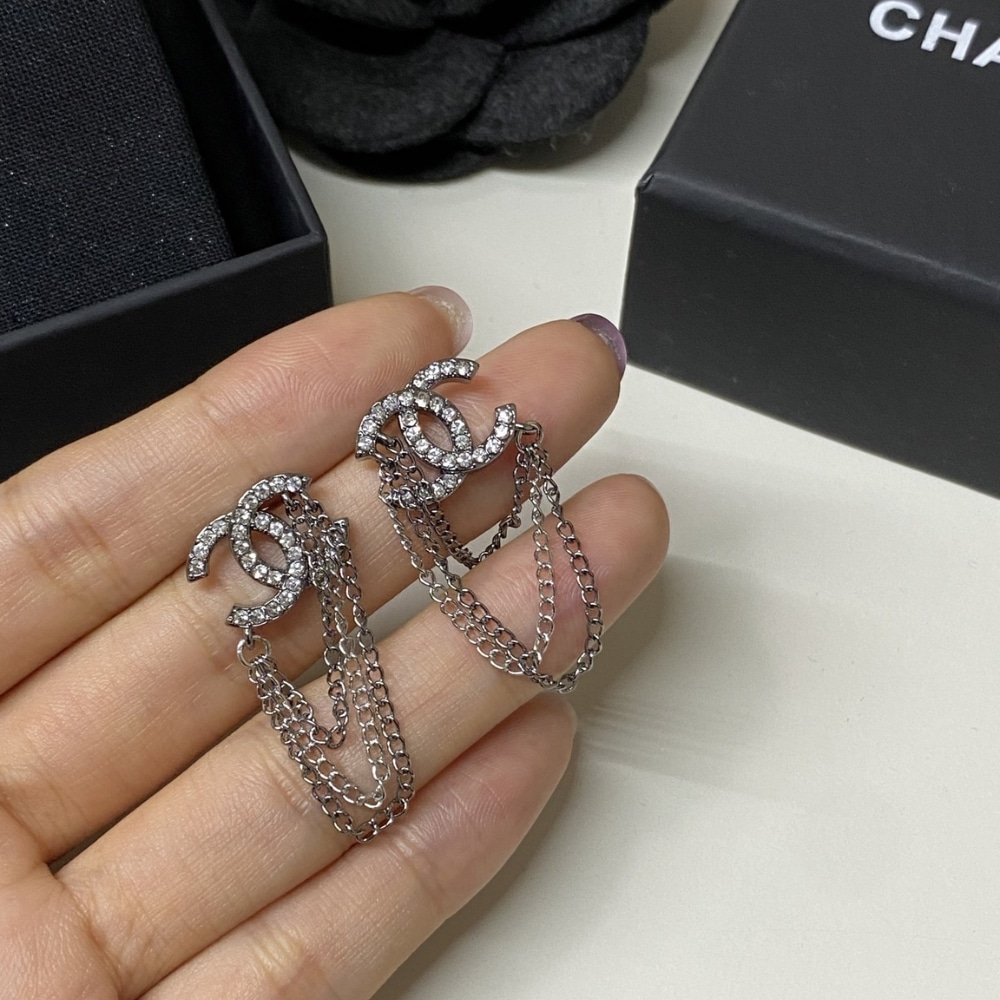 Ch**el Stud Earrings With Crystal And Multi Chain In Silver Tone