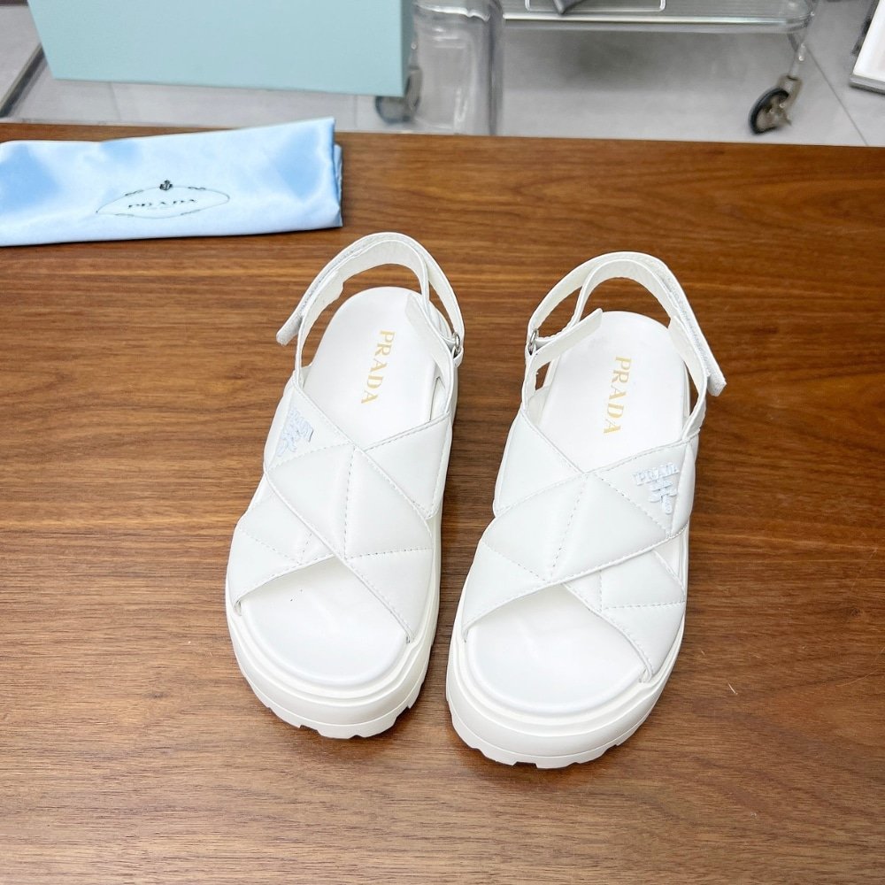 Pra*a Nappa Leather Crisscross Flatform Sandals Ivory 1Xz777 038 F0304 F 045