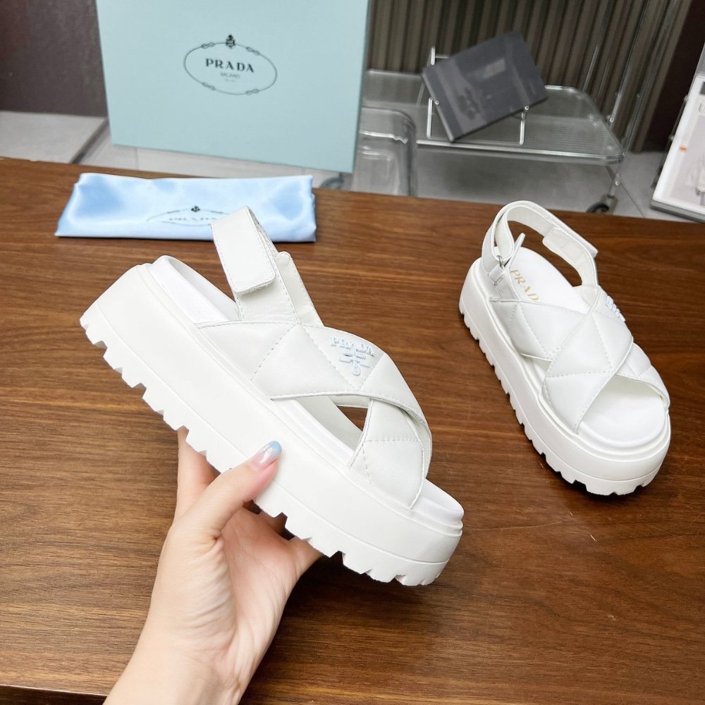 Pra*a Nappa Leather Crisscross Flatform Sandals Ivory 1Xz777 038 F0304 F 045