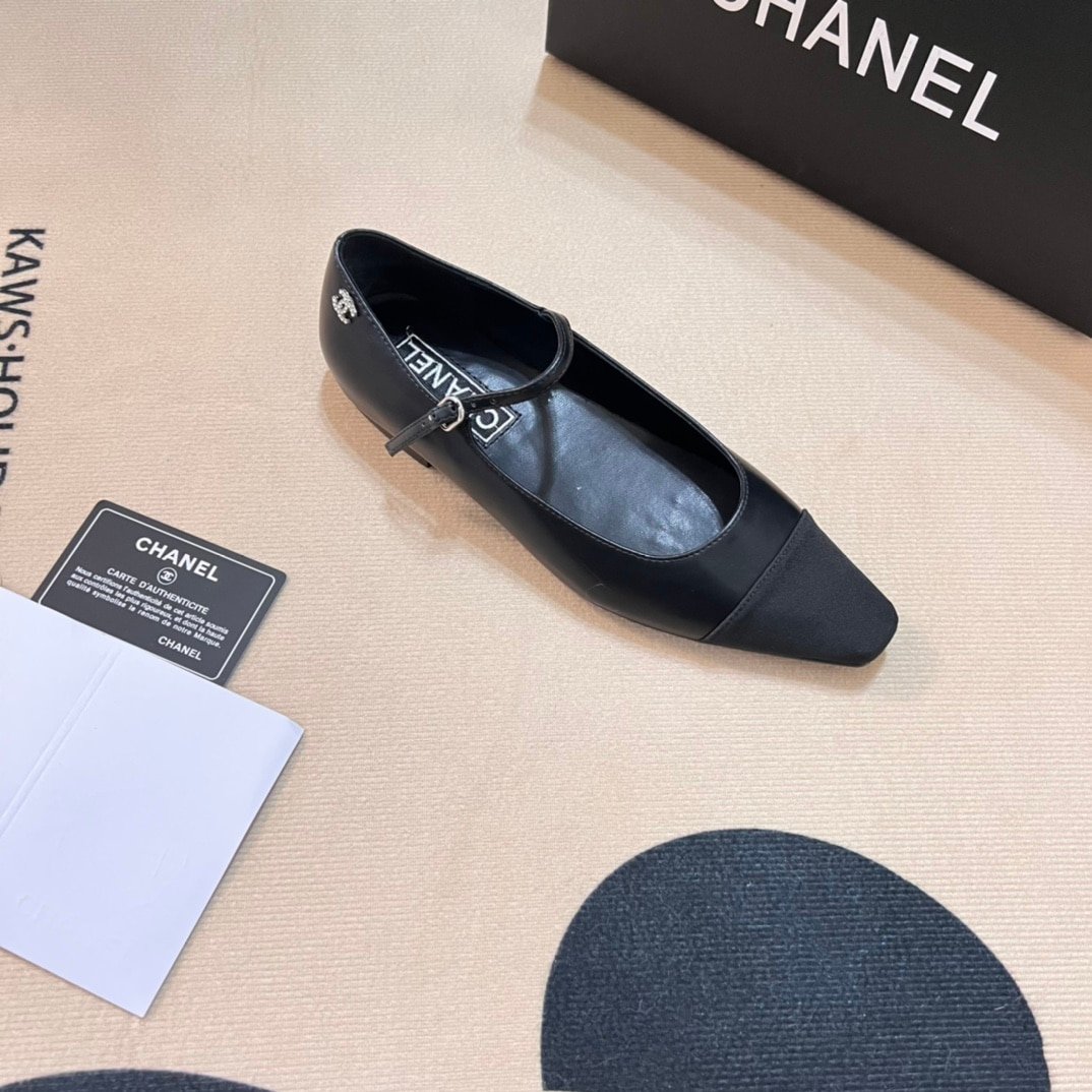 Ch**el Square Toe Ballet Flats Black