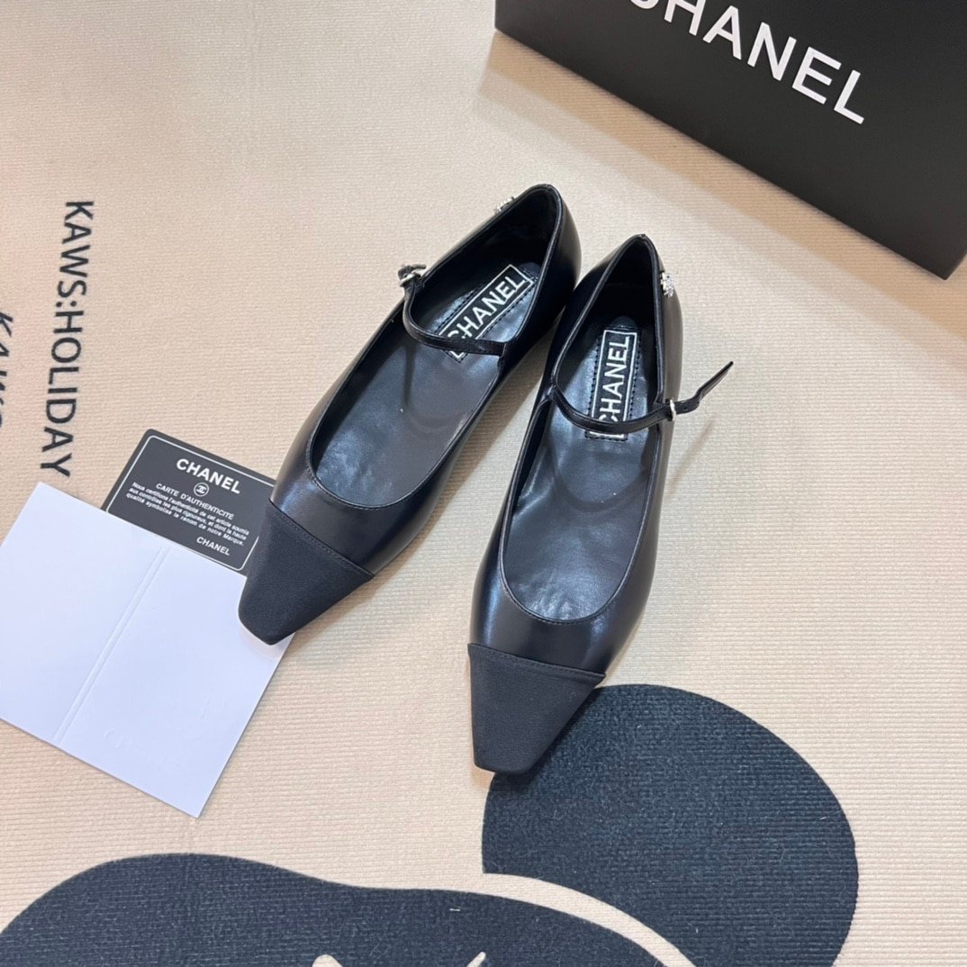 Ch**el Square Toe Ballet Flats Black